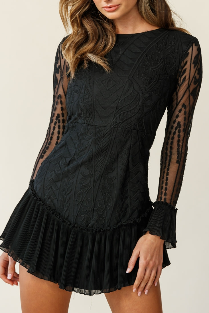 Dreamy Long Sleeve Mini Dress Black-Maymioy