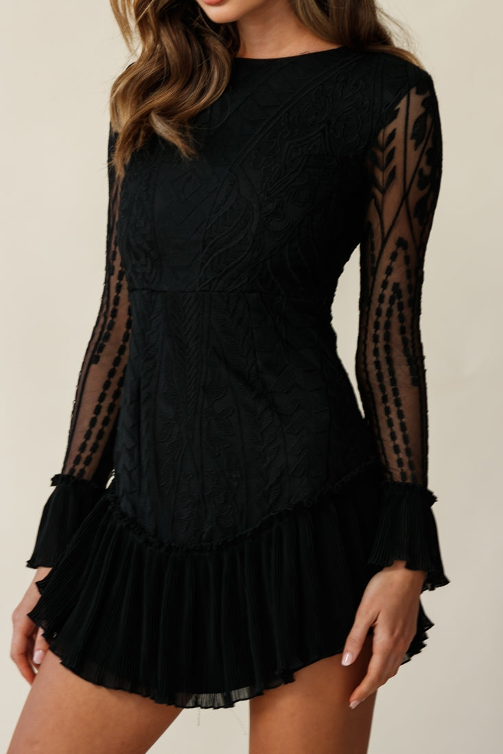 Dreamy Long Sleeve Mini Dress Black-Maymioy