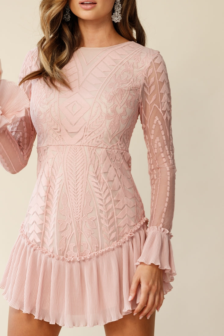 Dreamy Long Sleeve Mini Dress Blush-Maymioy