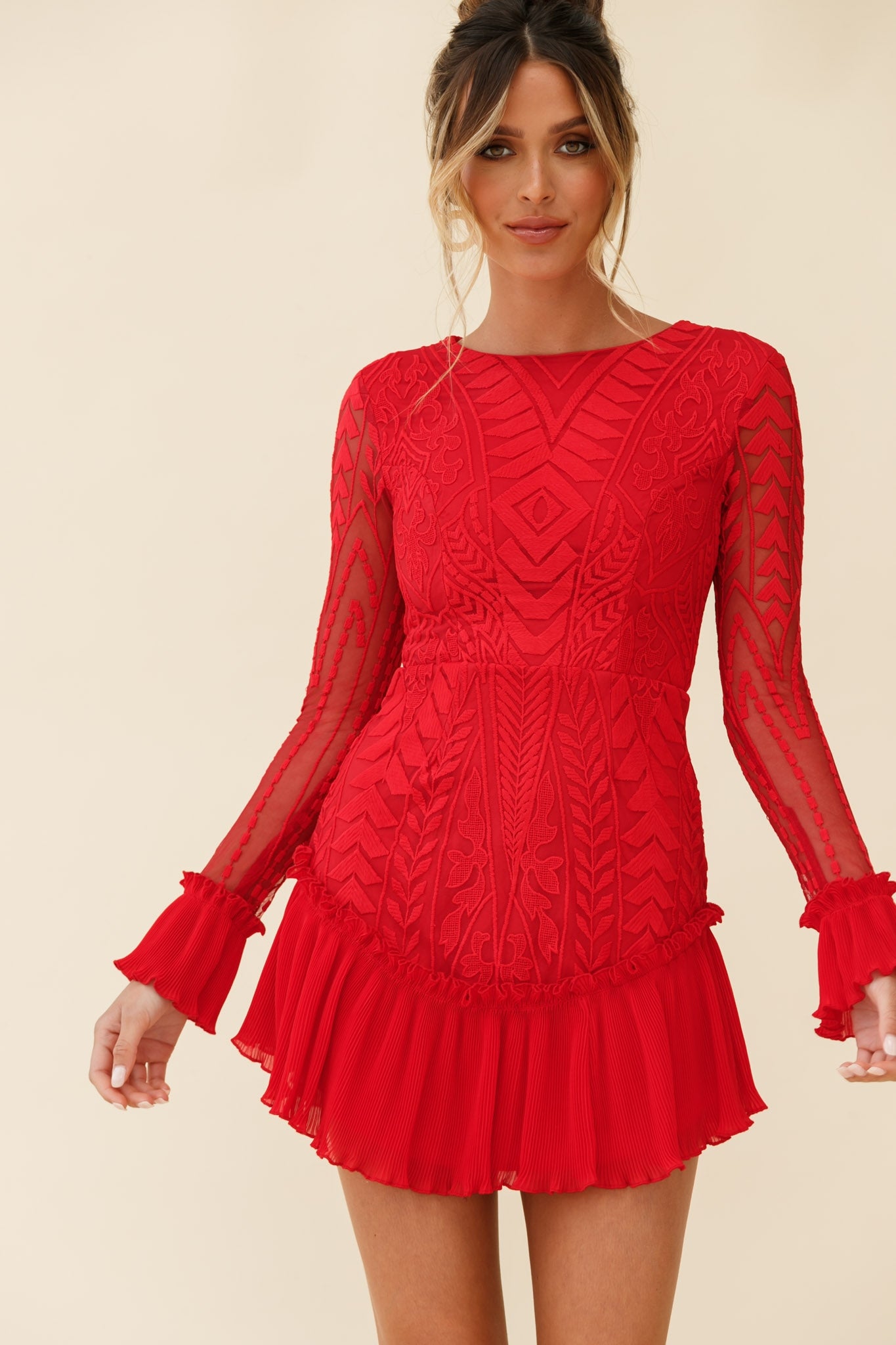 Dreamy Long Sleeve Mini Dress Red-Maymioy