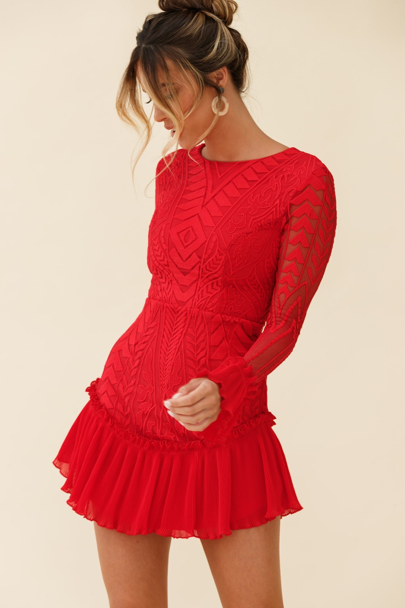 Dreamy Long Sleeve Mini Dress Red-Maymioy