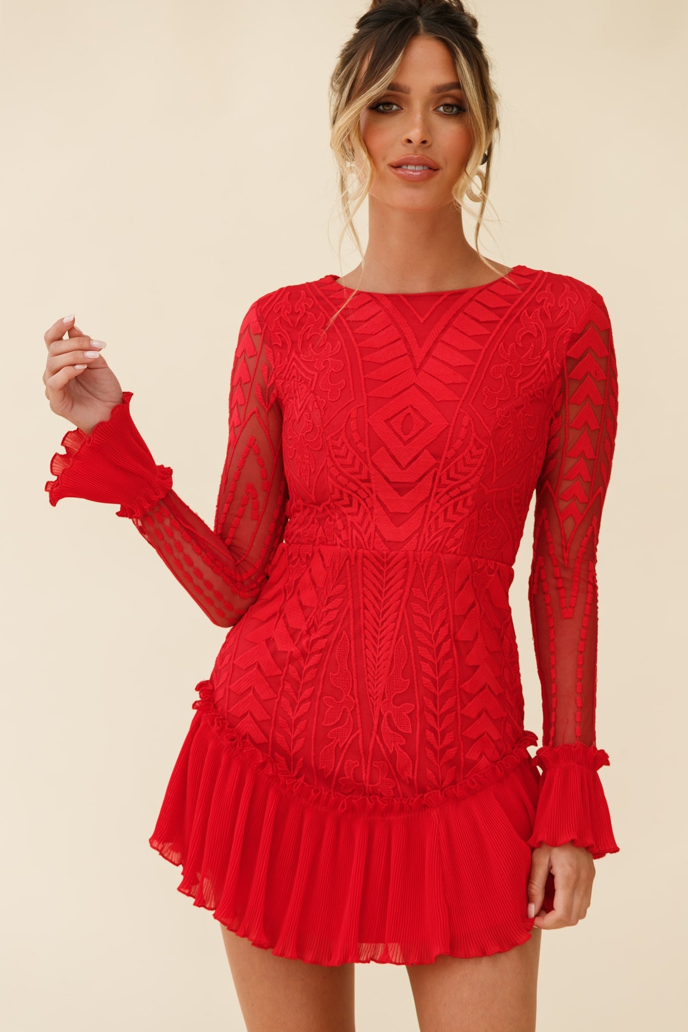 Dreamy Long Sleeve Mini Dress Red-Maymioy