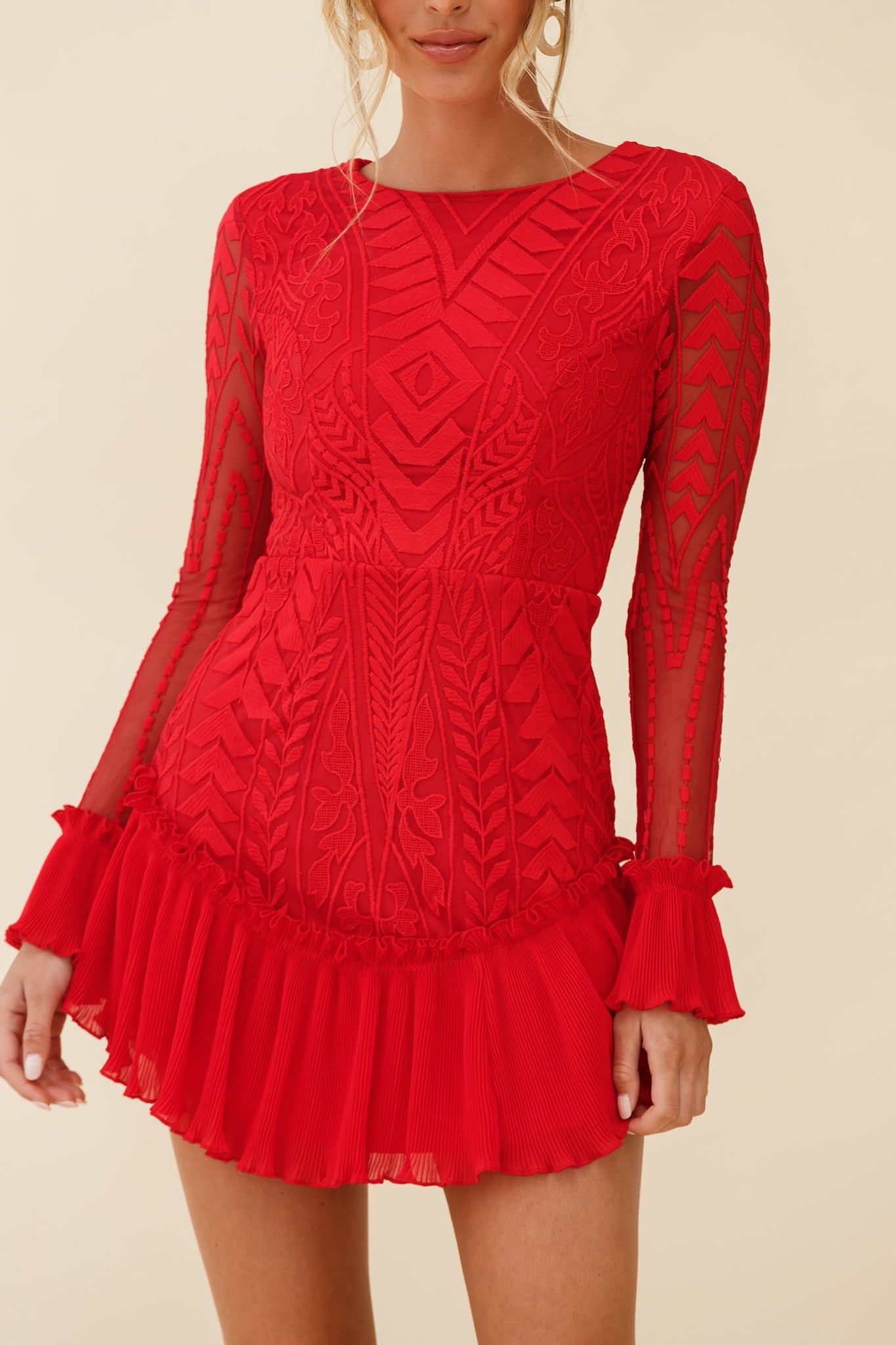 Dreamy Long Sleeve Mini Dress Red-Maymioy
