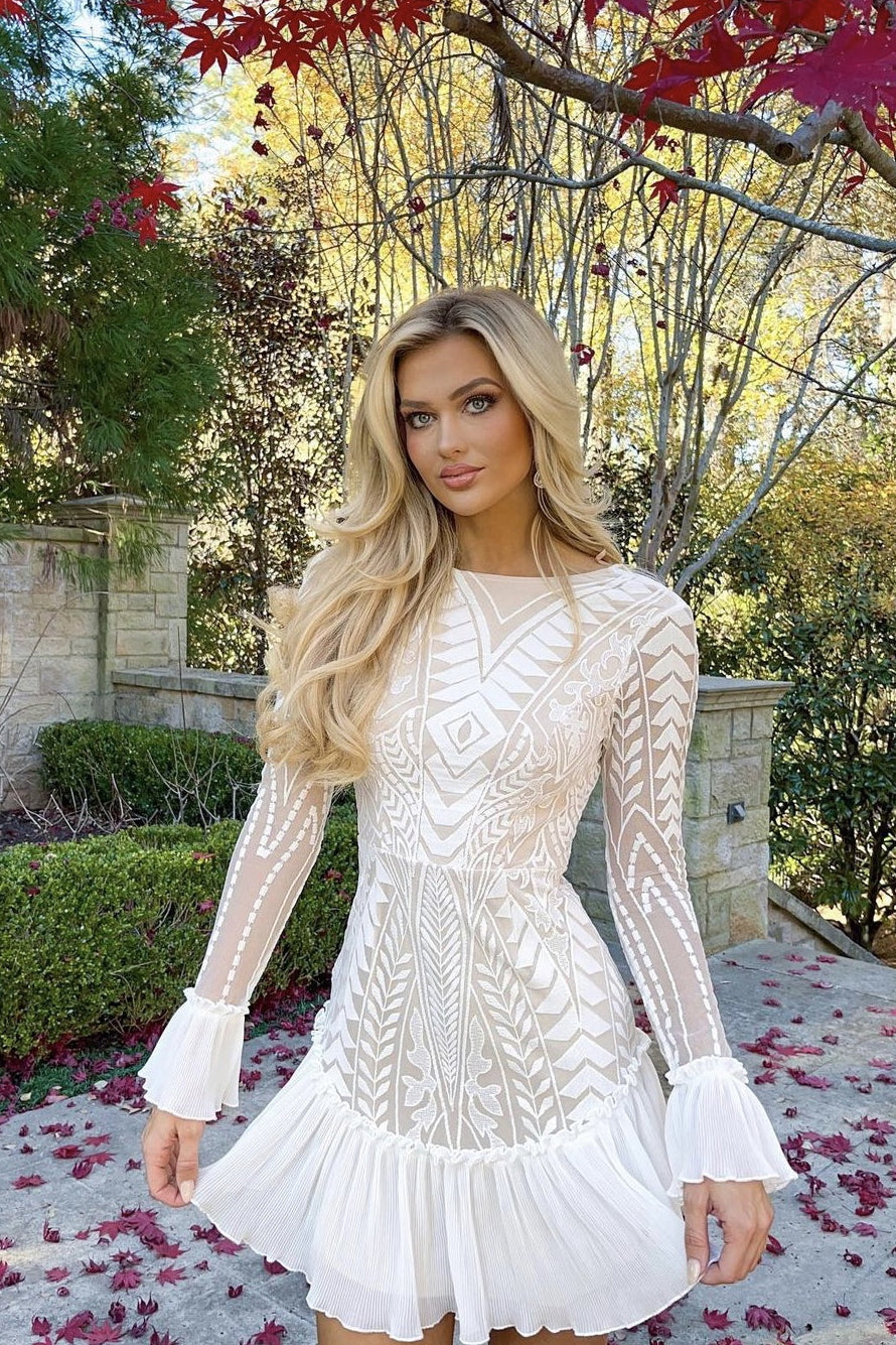 Dreamy Long Sleeve Mini Dress White-Maymioy