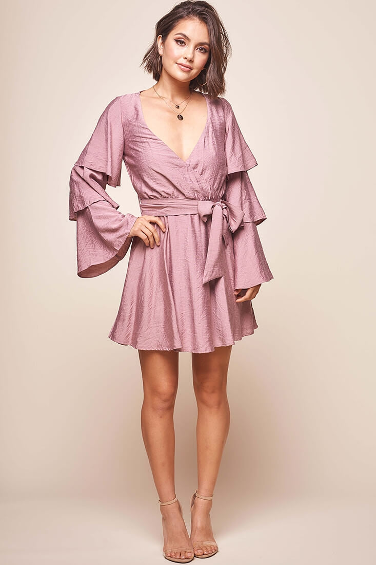 Bellini Tiered Ruffle Sleeve Dress Mauve-Maymioy