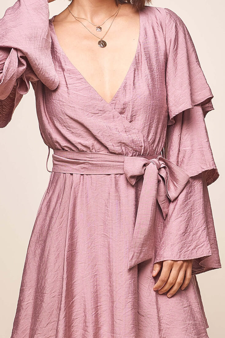 Bellini Tiered Ruffle Sleeve Dress Mauve-Maymioy