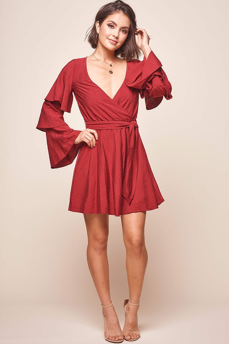 Bellini Tiered Ruffle Sleeve Dress Wine-Maymioy