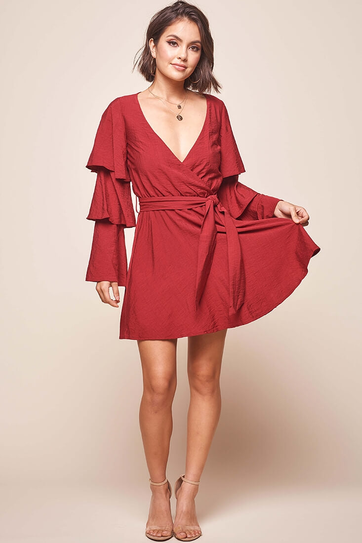 Bellini Tiered Ruffle Sleeve Dress Wine-Maymioy