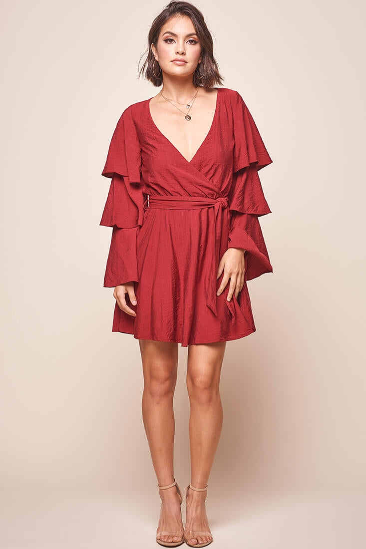 Bellini Tiered Ruffle Sleeve Dress Wine-Maymioy