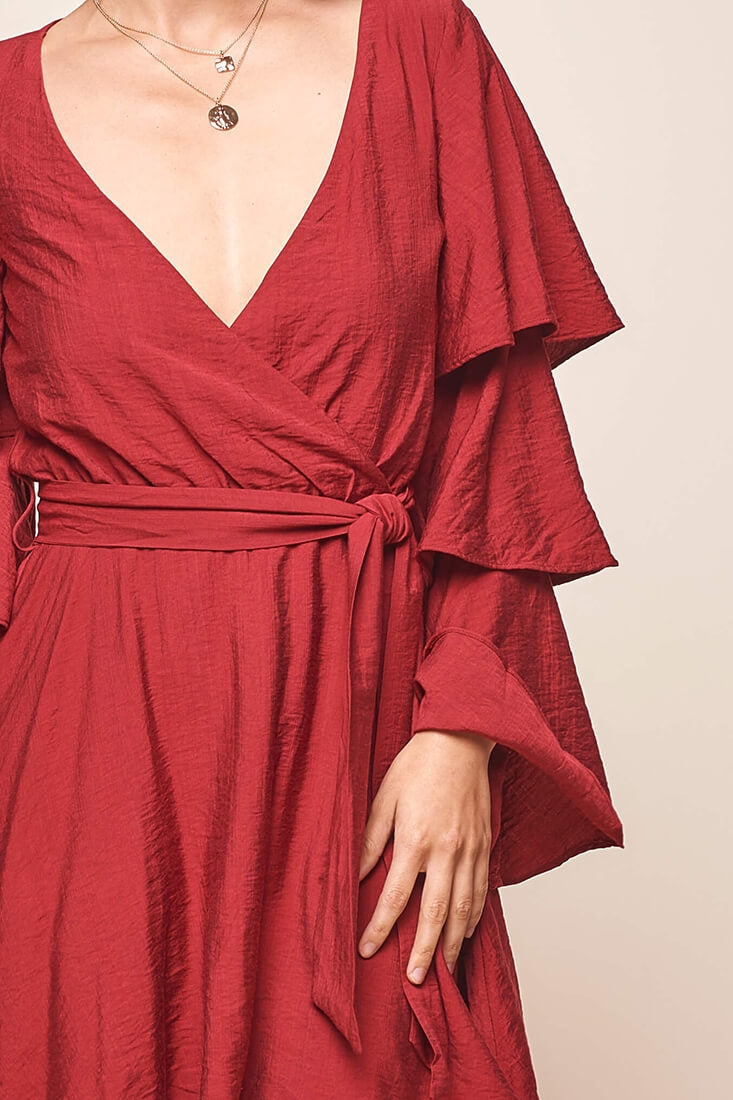 Bellini Tiered Ruffle Sleeve Dress Wine-Maymioy