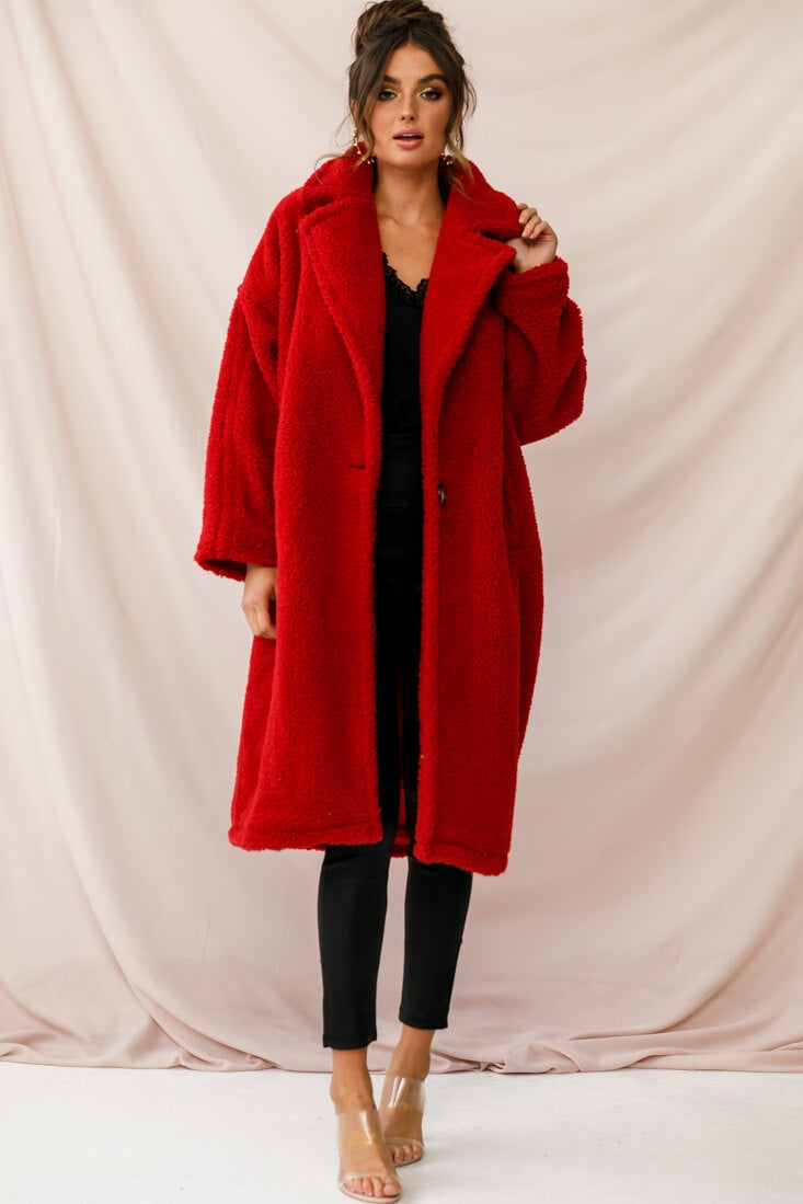 Berlin Notched Lapel Longline Fleece Coat Red-Maymioy