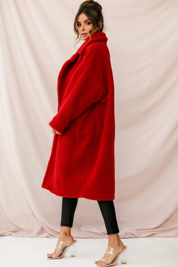 Berlin Notched Lapel Longline Fleece Coat Red-Maymioy