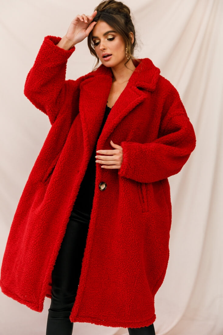 Berlin Notched Lapel Longline Fleece Coat Red-Maymioy