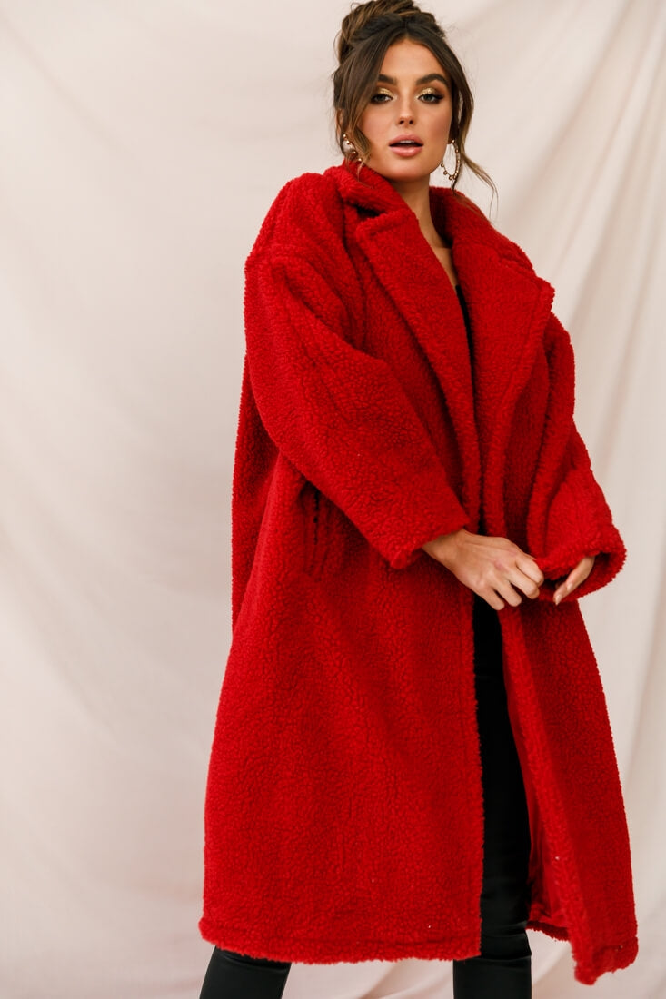 Berlin Notched Lapel Longline Fleece Coat Red-Maymioy