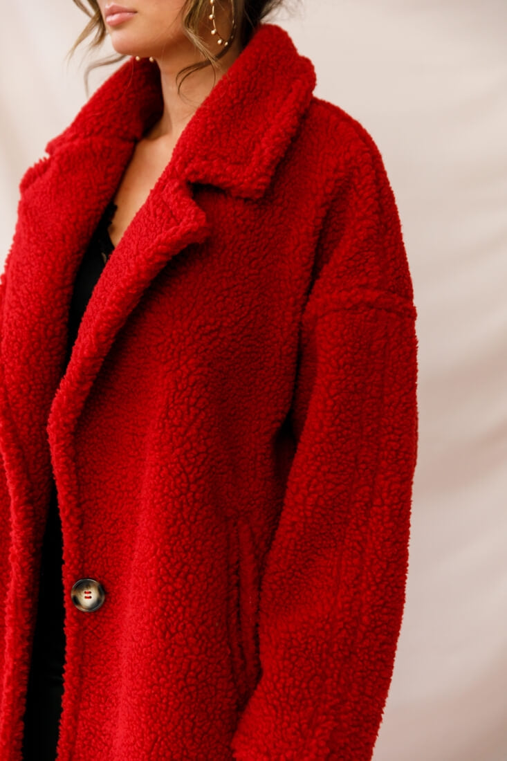 Berlin Notched Lapel Longline Fleece Coat Red-Maymioy
