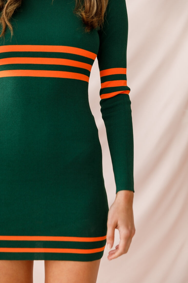 Varsity Long Sleeve Mini Dress Forest Green-Maymioy