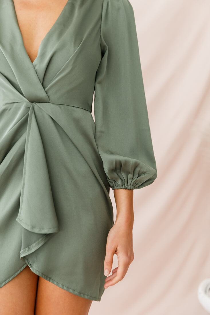 DeLisa Balloon Sleeve Mini Dress Olive-Maymioy