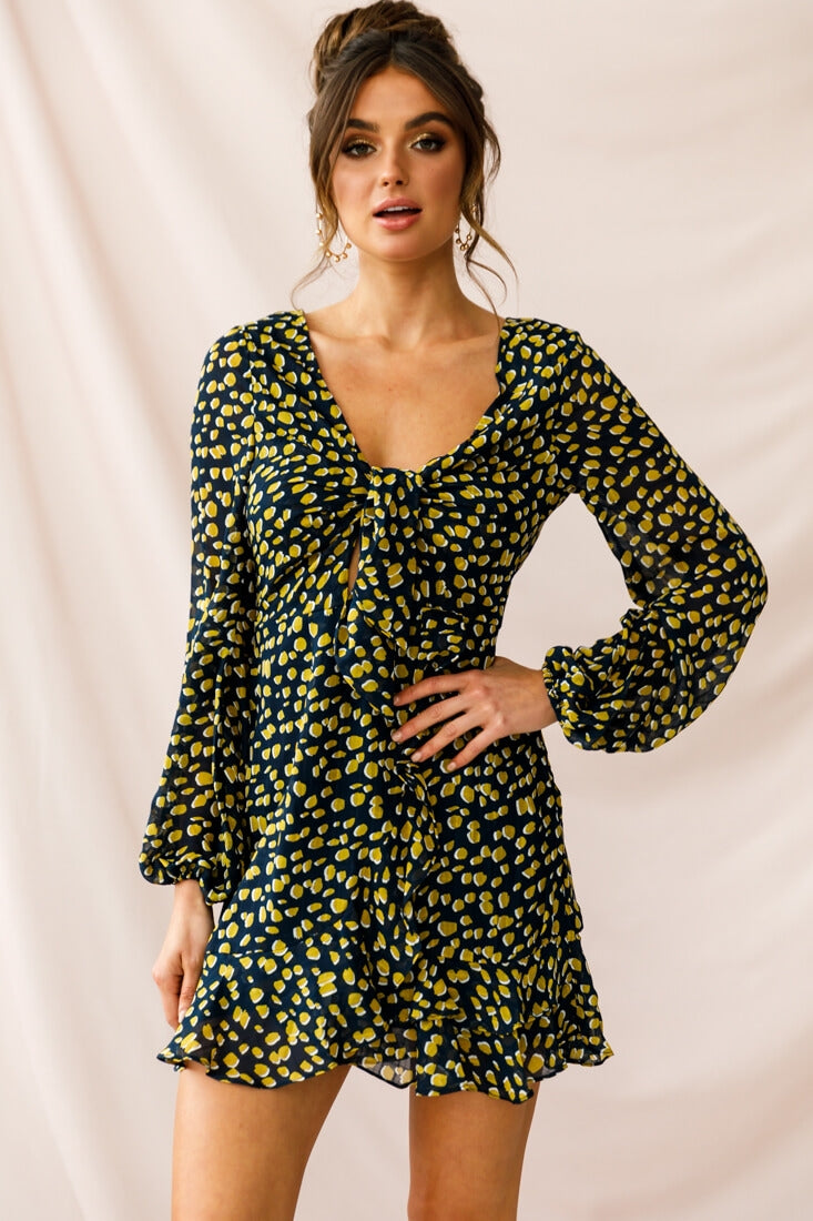 Carla Long Sleeve Bust Tie Dress Navy-Maymioy