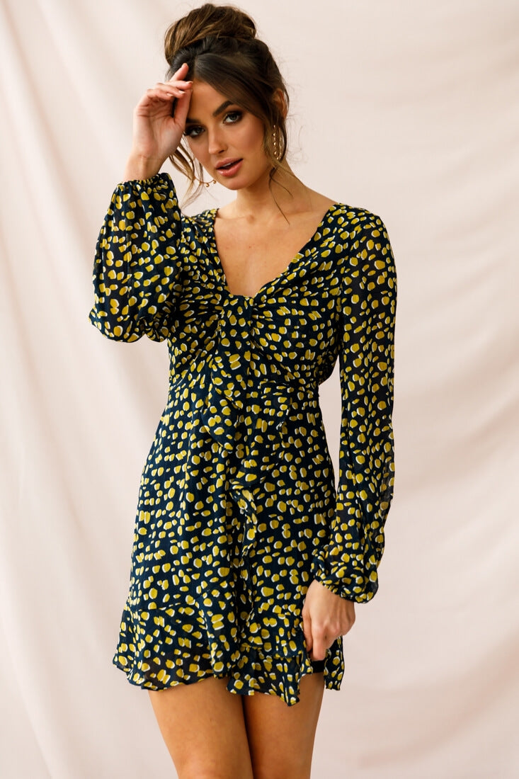 Carla Long Sleeve Bust Tie Dress Navy-Maymioy