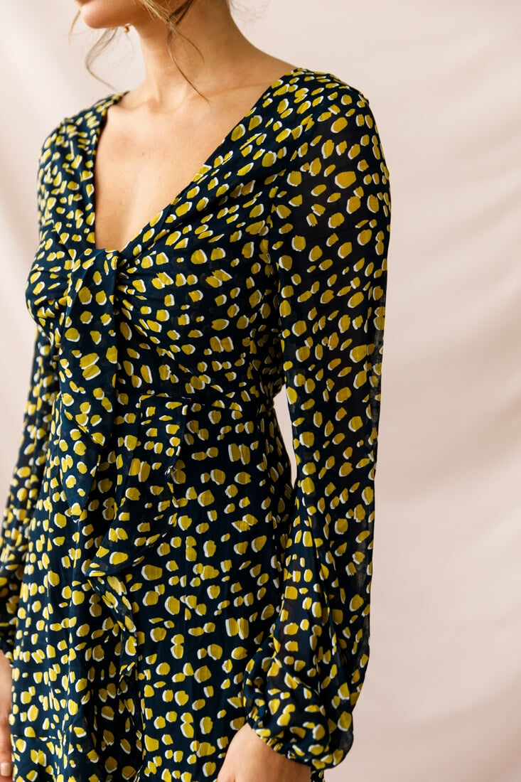 Carla Long Sleeve Bust Tie Dress Navy-Maymioy