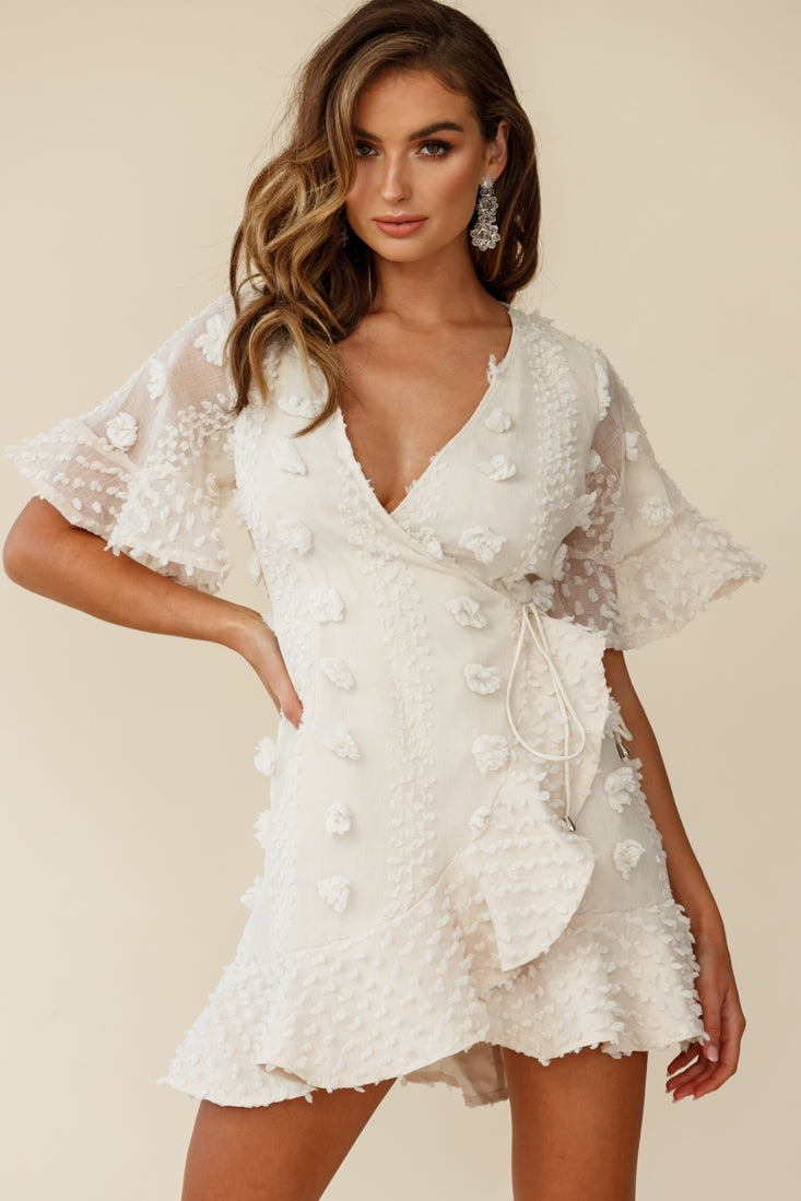 Chai Angel Sleeve Embellished Wrap Dress Beige-Maymioy