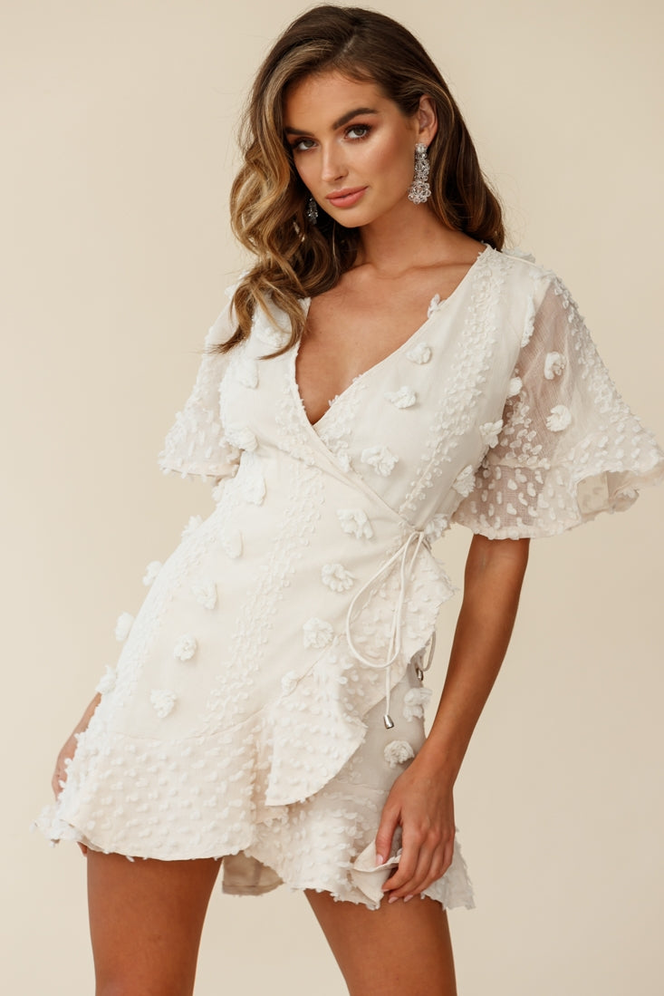 Chai Angel Sleeve Embellished Wrap Dress Beige-Maymioy