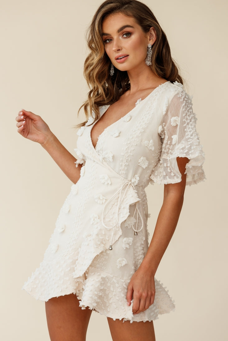 Chai Angel Sleeve Embellished Wrap Dress Beige-Maymioy