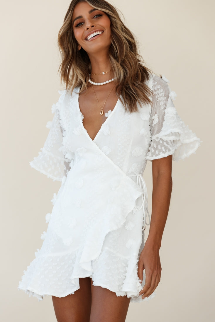 Chai Angel Sleeve Embellished Wrap Dress White-Maymioy