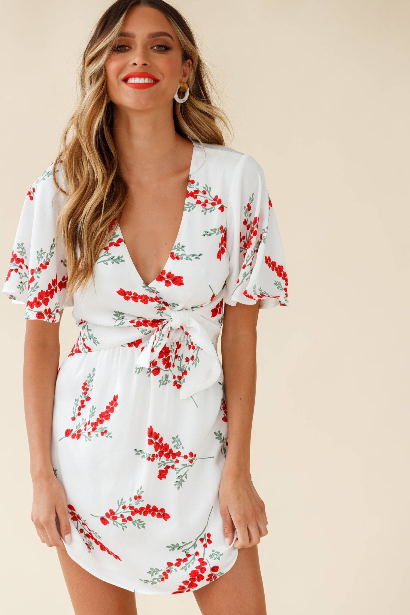 Stealing Hearts Flutter Sleeve Wrap Front Dress Floral Print White-Maymioy