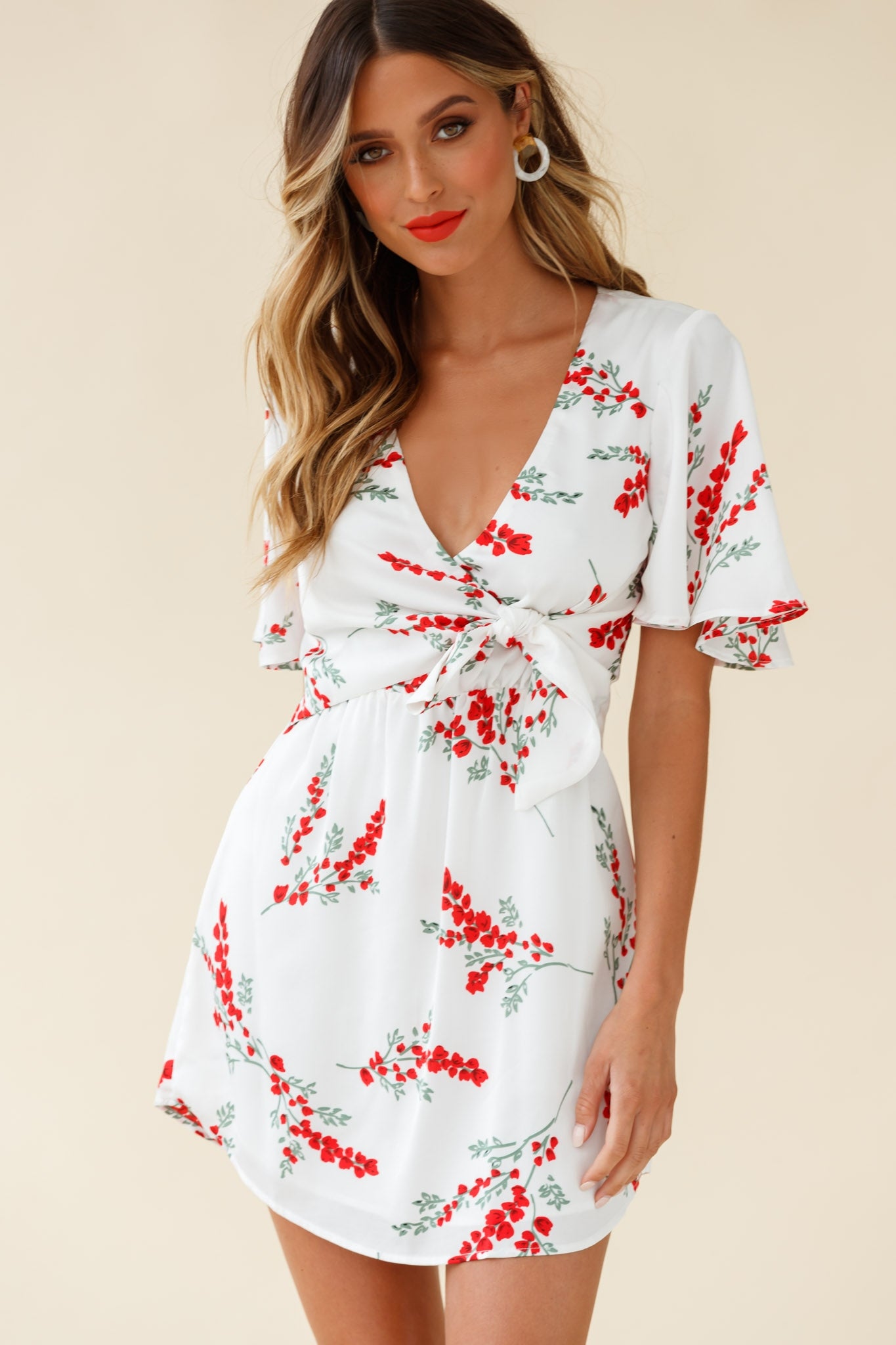 Stealing Hearts Flutter Sleeve Wrap Front Dress Floral Print White-Maymioy
