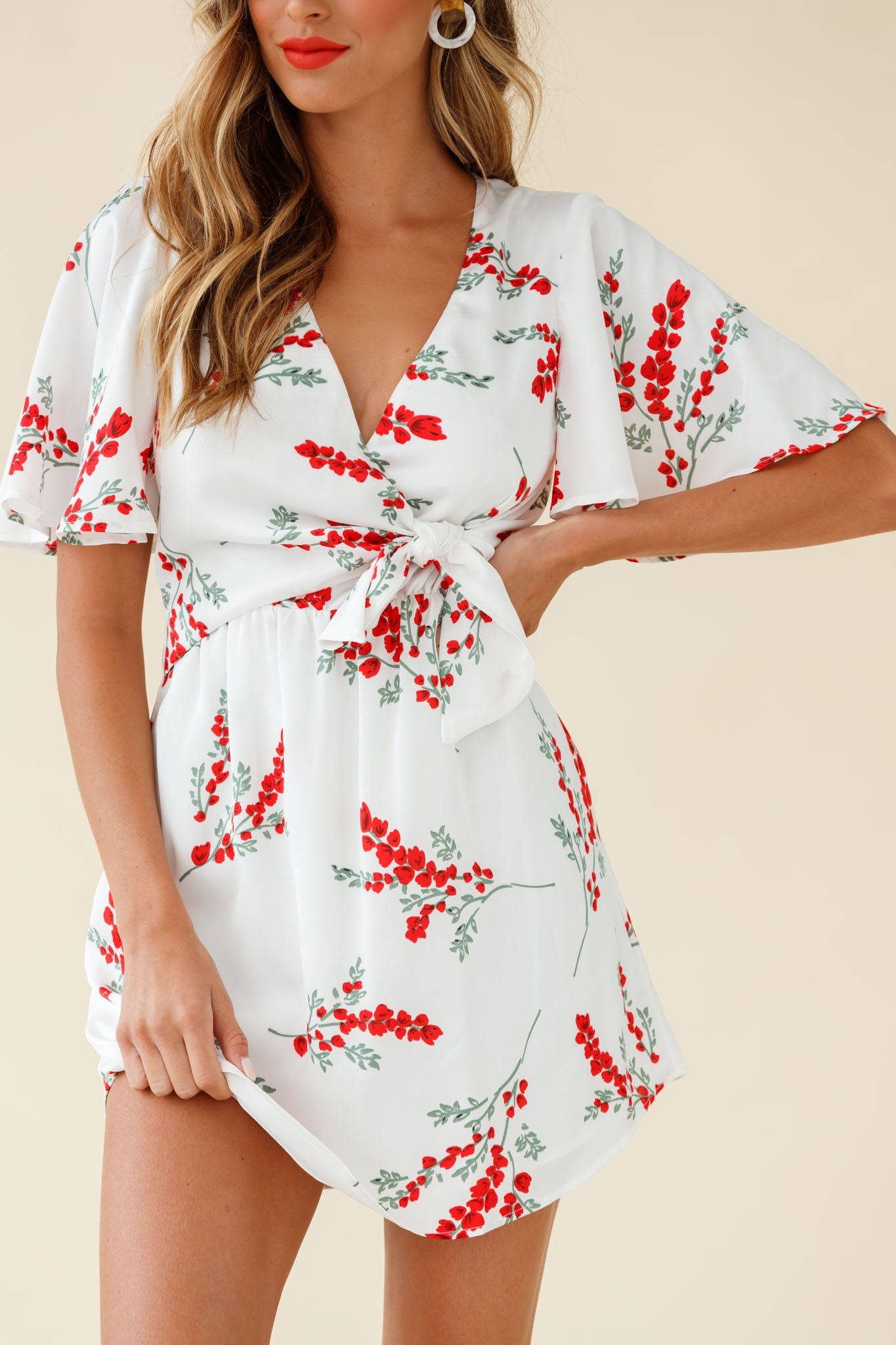 Stealing Hearts Flutter Sleeve Wrap Front Dress Floral Print White-Maymioy