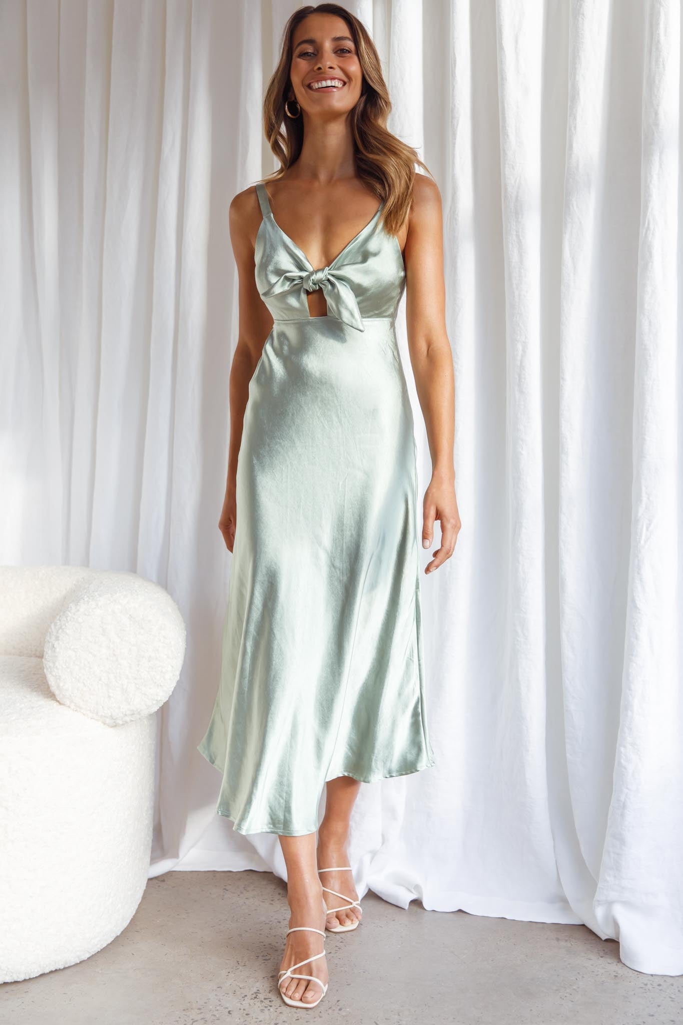 Perfect Day Satin Midi Dress Olive-Maymioy