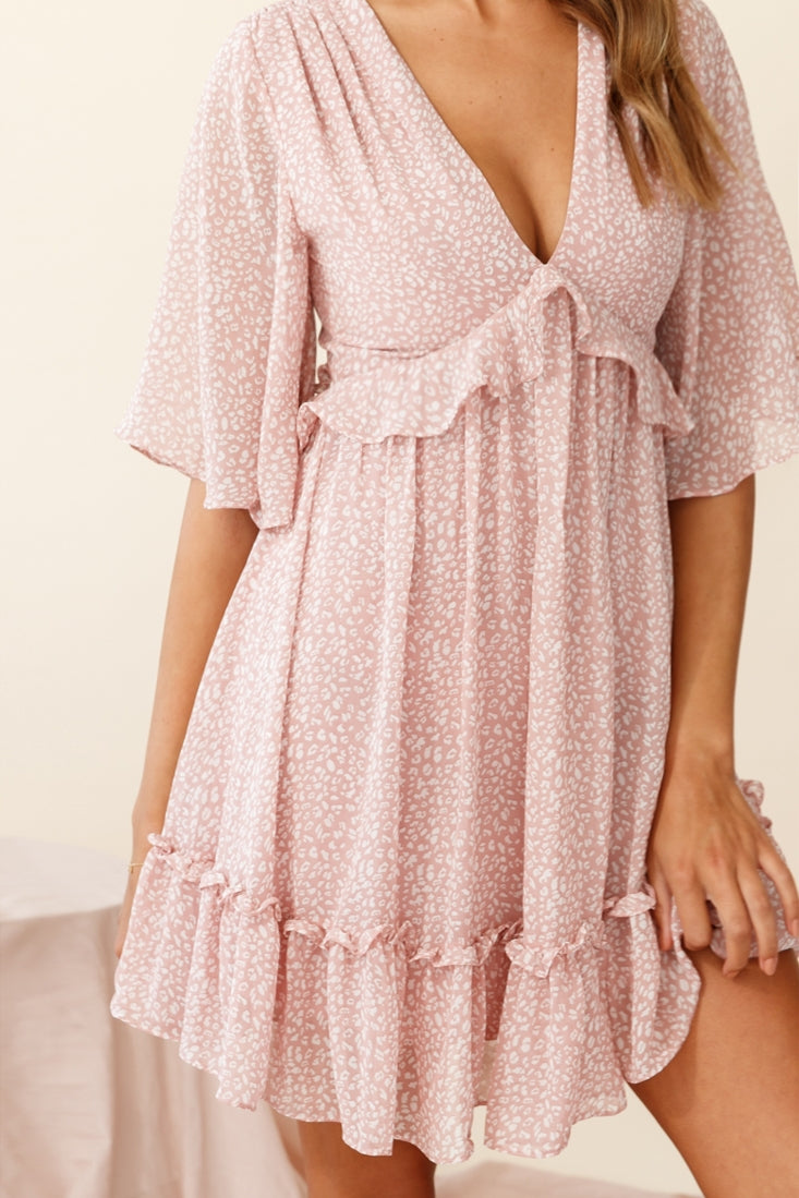 Flissy Angel Sleeve Cut-Out Babydoll Dress Speckle Print Pink-Maymioy