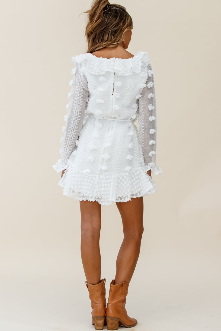 Georgie Long Sleeve Frill Neckline Embellished Chiffon Dress White-Maymioy