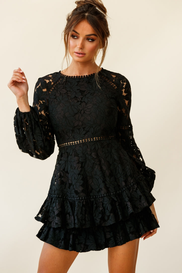 Henrietta Lace Overlay Long Sleeve Ruffle Dress Black-Maymioy