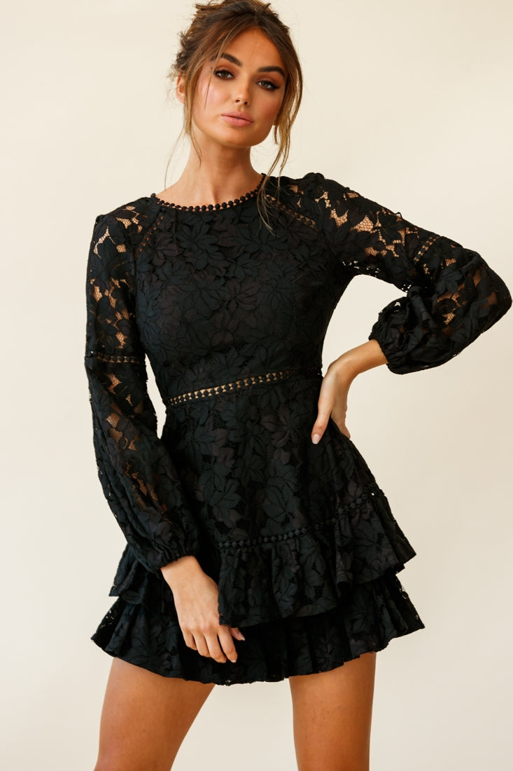 Henrietta Lace Overlay Long Sleeve Ruffle Dress Black-Maymioy