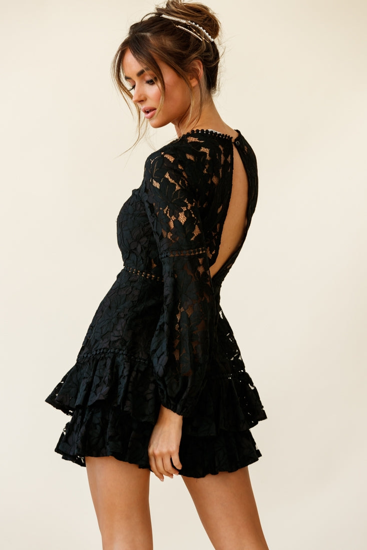 Henrietta Lace Overlay Long Sleeve Ruffle Dress Black-Maymioy