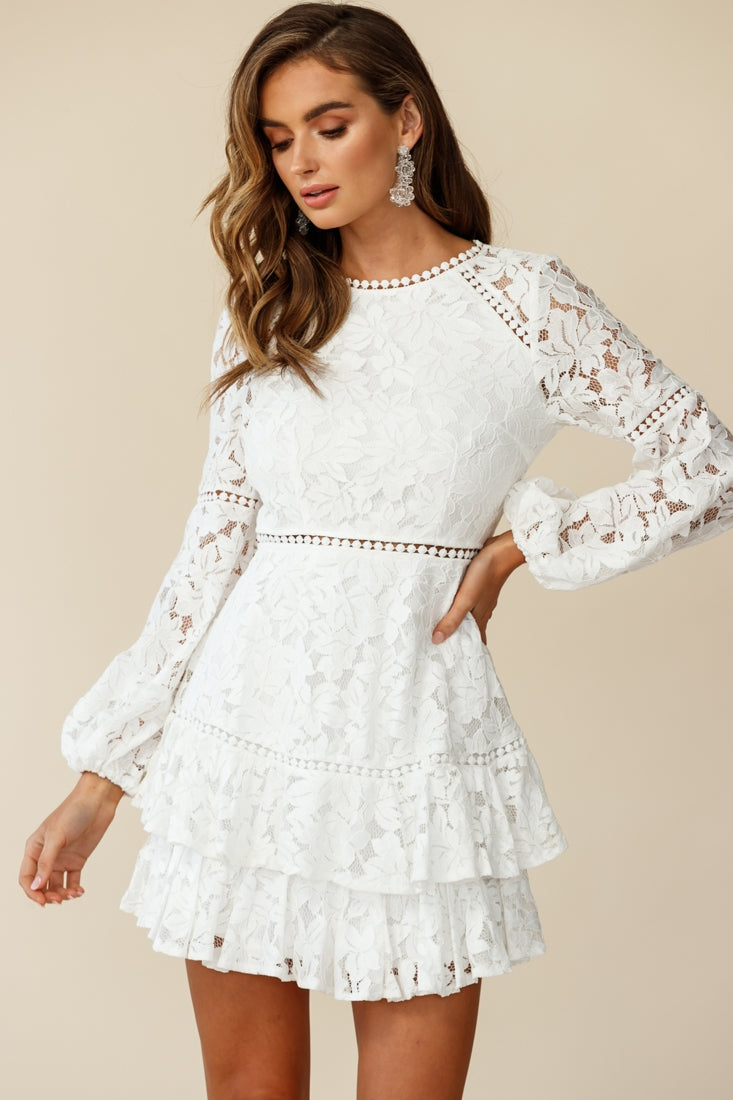 Henrietta Lace Overlay Long Sleeve Ruffle Dress White-Maymioy
