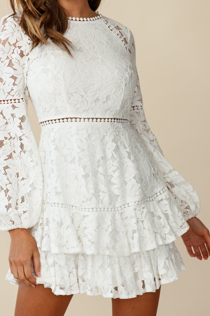 Henrietta Lace Overlay Long Sleeve Ruffle Dress White-Maymioy