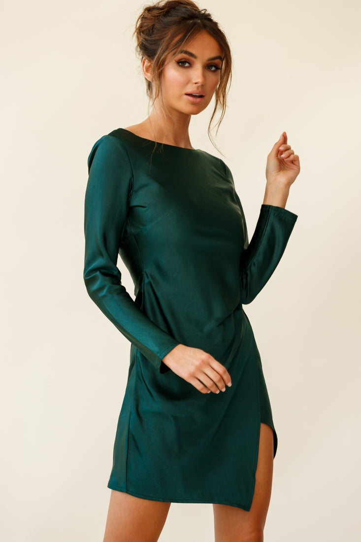 Thank Me Later Long Sleeve Open Back Dress Forest Green-Maymioy