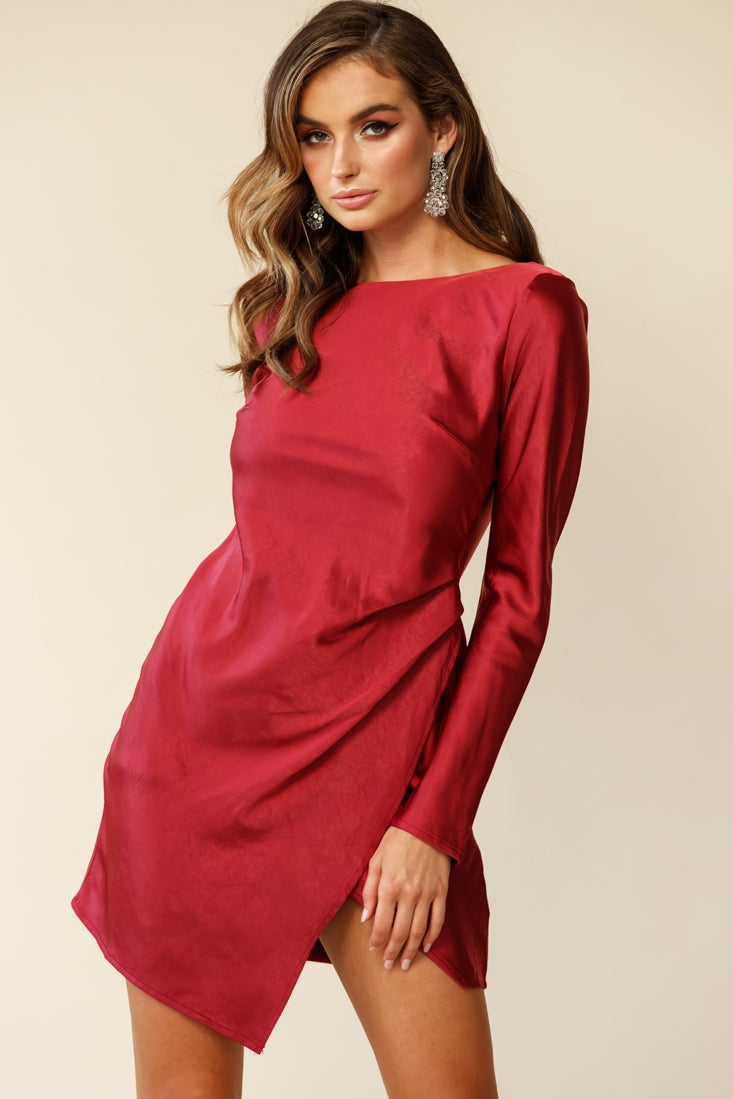Thank Me Later Long Sleeve Open Back Dress Wine-Maymioy
