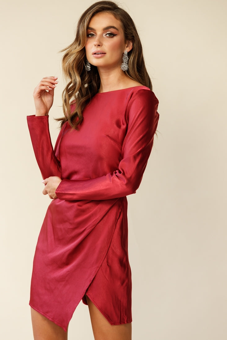 Thank Me Later Long Sleeve Open Back Dress Wine-Maymioy