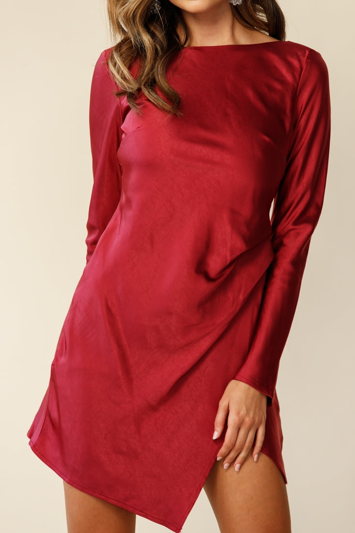 Thank Me Later Long Sleeve Open Back Dress Wine-Maymioy
