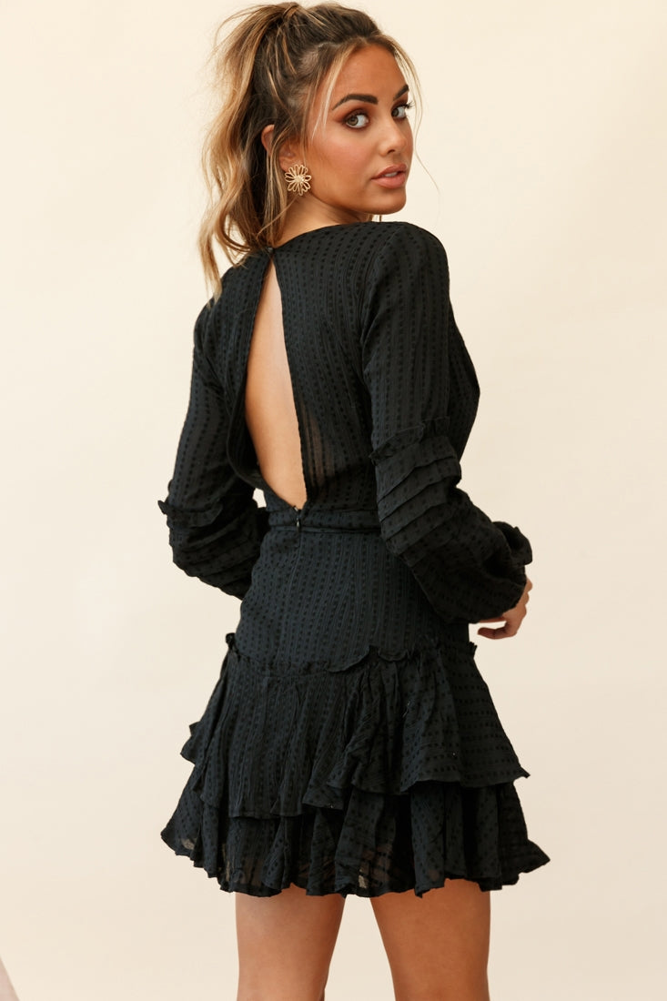 Neve Balloon Sleeve Layered Ruffle Hem Dress Black-Maymioy