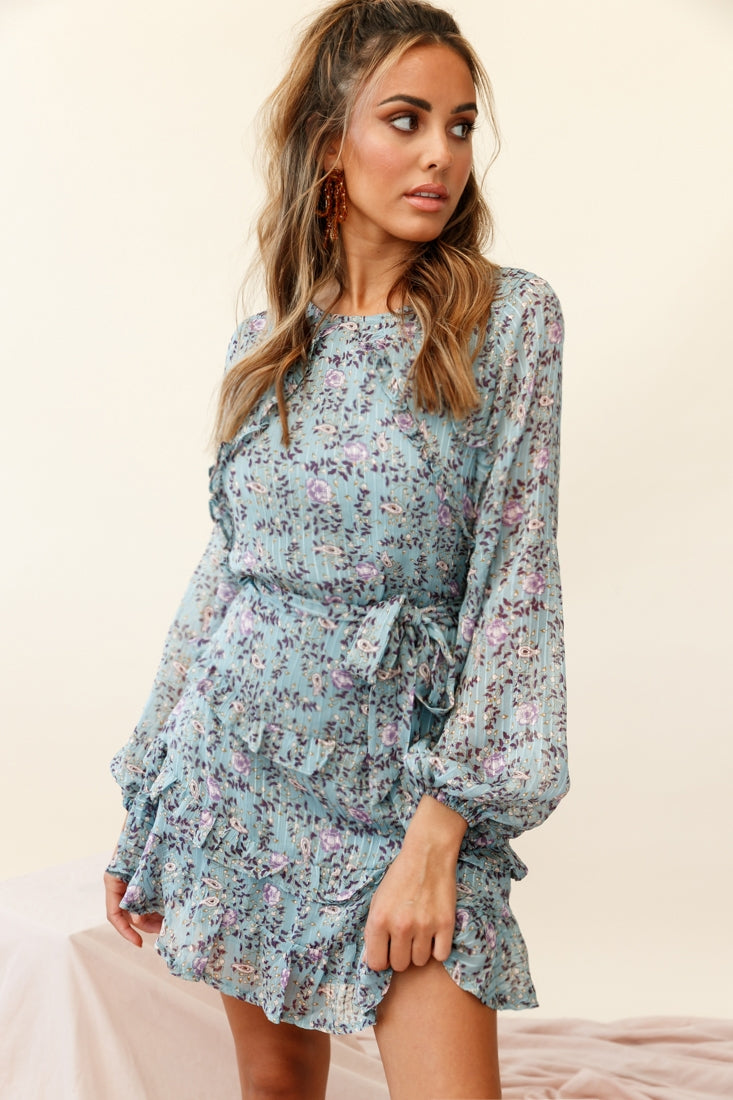 Dusk Long Sleeve Waist Tie Frill Dress Floral Print Midnight Blue-Maymioy