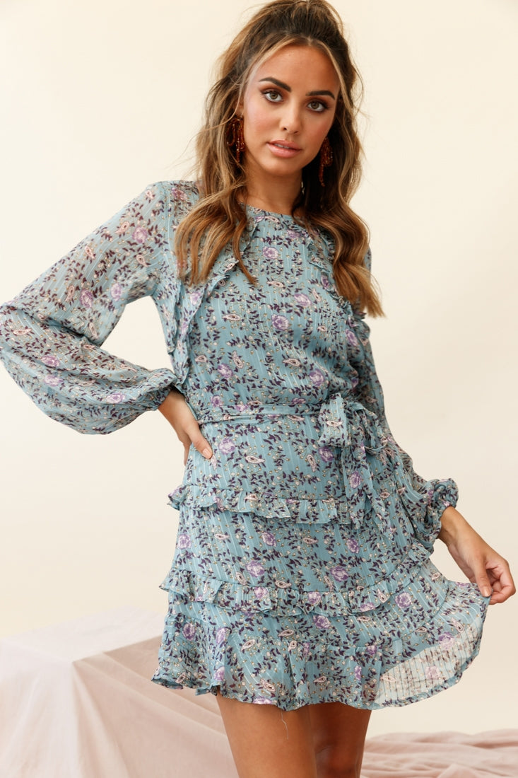 Dusk Long Sleeve Waist Tie Frill Dress Floral Print Midnight Blue-Maymioy