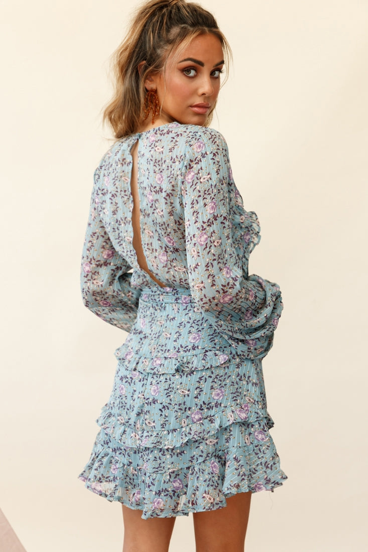 Dusk Long Sleeve Waist Tie Frill Dress Floral Print Midnight Blue-Maymioy