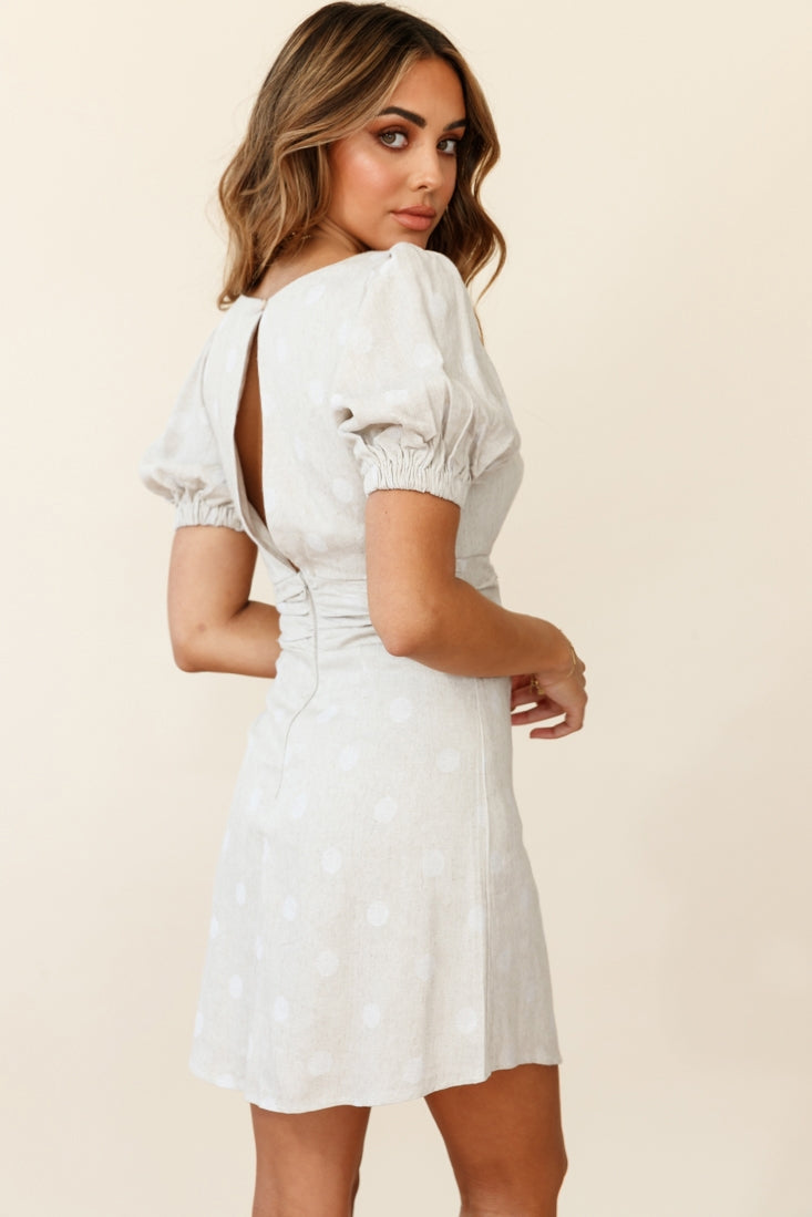 Dora Puff Sleeve Corset Waist Dress Polka Dot Natural-Maymioy