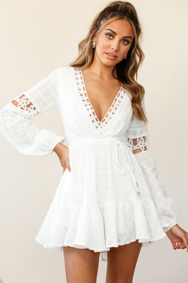 Chloye Long Balloon Sleeve Lace-Up Back Dress White-Maymioy