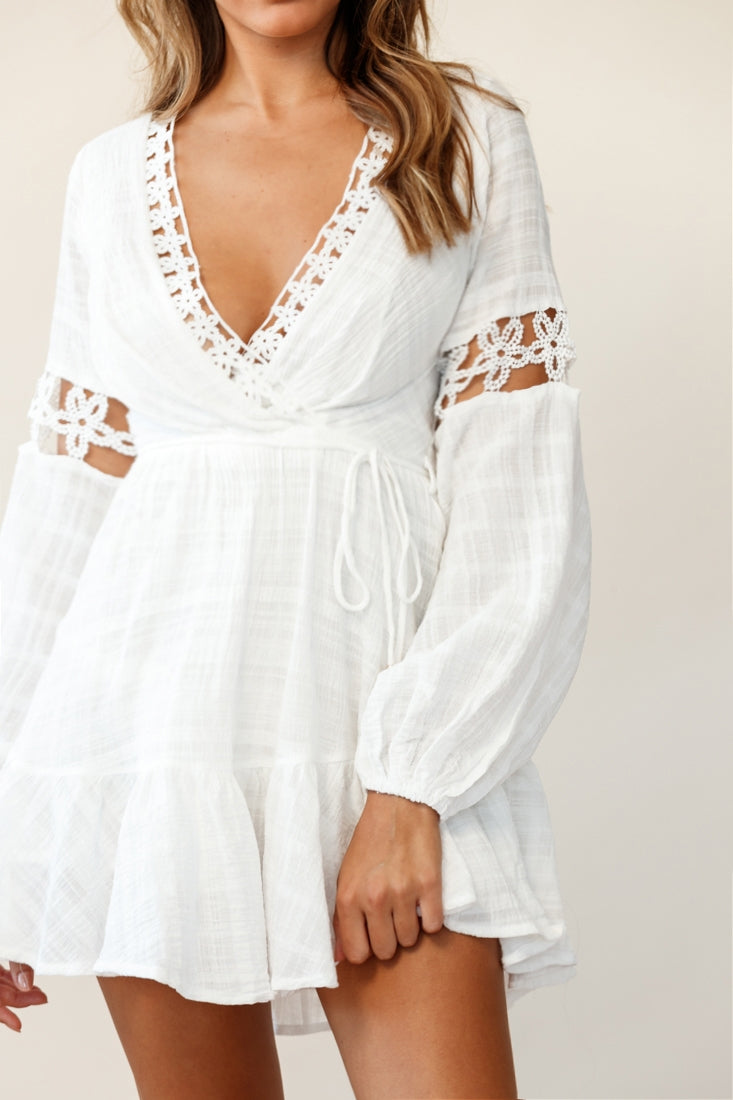 Chloye Long Balloon Sleeve Lace-Up Back Dress White-Maymioy